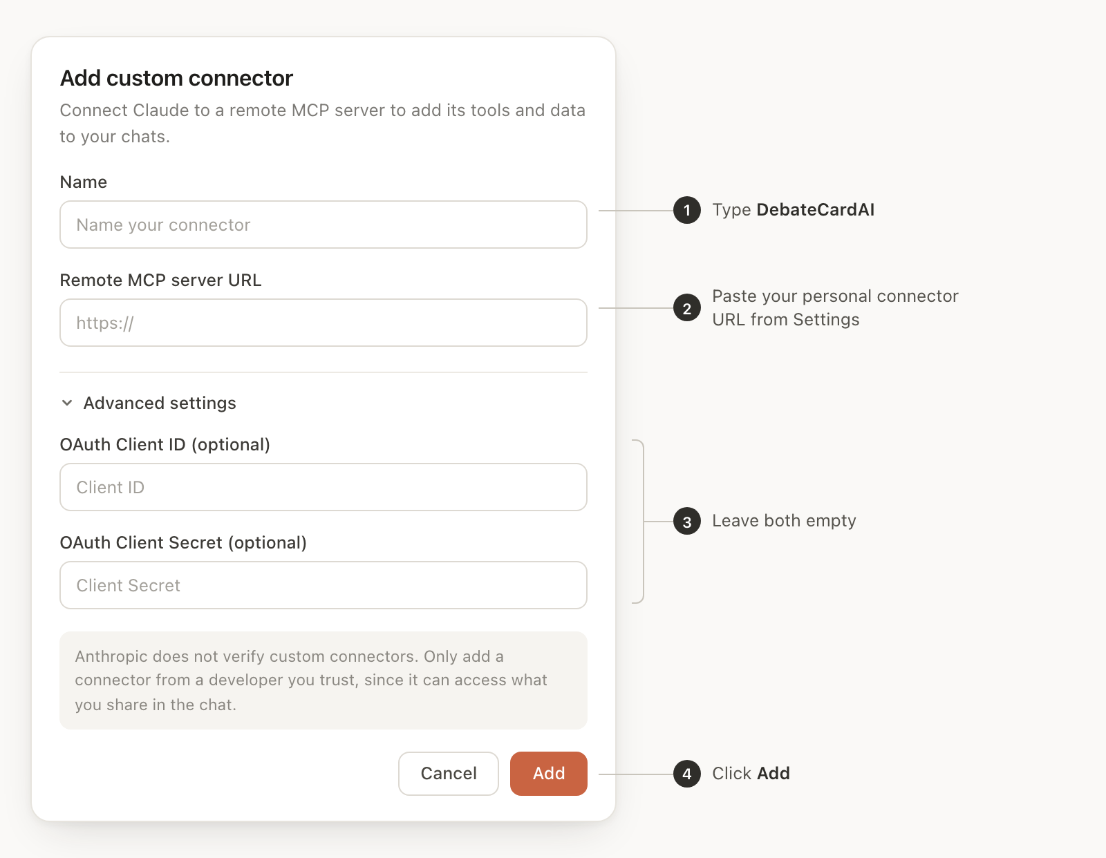 The Add custom connector dialog in Claude settings, annotated with where each value goes